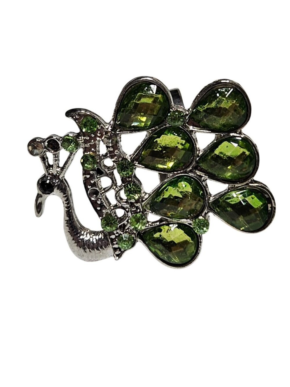 Vintage Peacock Ring Size 7.75 Green Rhinestone Silver Tone Statement Jewelry